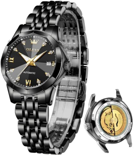 OLEVS Montre de luxe automatique pour femme avec bracelet en céramique Or rose à remontage automatique, Noir Mécanique, montre femme