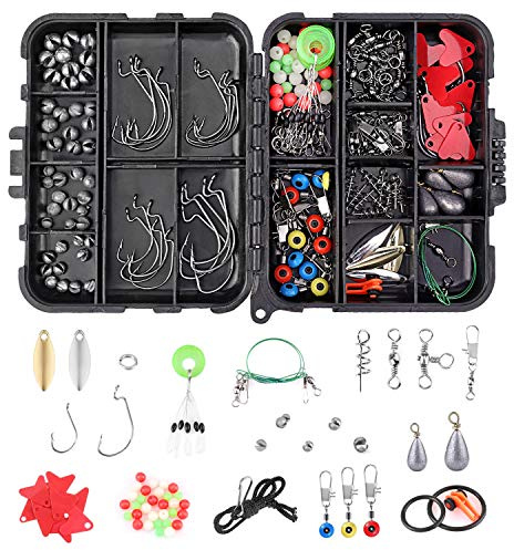 Kit di Accessori da Pesca 210PCS - Attrezzi da Pesca con Amo, Gancio per Jig, Piombi, Girella a Canna Incrociata, Gancio Girevole, Stopper, Perline con Scatola