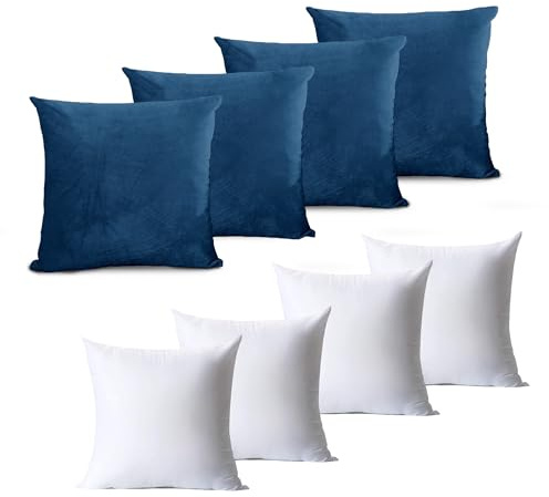 Hafaa Velvet Cushions with Covers Included Set of 8 (4 Navy Cushion Covers 45 x 45, 4 Cushion Inserts) Luxury Decorative Square Throw Pillow Case Sofa Cushion 45cm x 45cm with Invisible Zipper