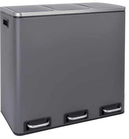 SVITA TM3X18 Mülleimer mit 3 Fächern Papierkorb 54L Treteimer Abfalleimer Recycling Mülltrennung 3 x 18 Liter pulverbeschichteter Stahl Grau mit Griffen