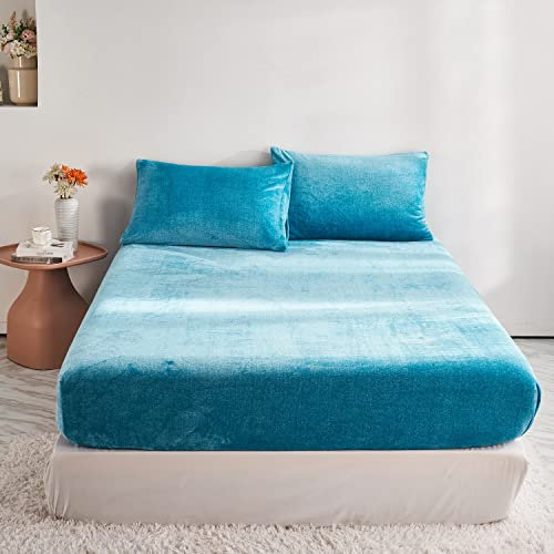 Damier Winter Spannbettlaken 90x200cm Türkis Flauschige Warme Samt Bettlaken Teddy Plüsch Spannbetttuch Geeignet für 30cm Matratze