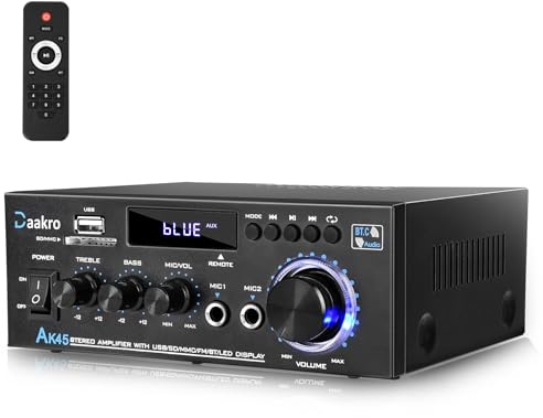 Daakro AK45 Stereo Audio Amplifier,300W Home 2 Channel Wireless Bluetooth 5.0 Power Amplifier System, Home Amplifiers FM Radio, USB, SD Card, with Remote Control Home Theater Audio Stereo System