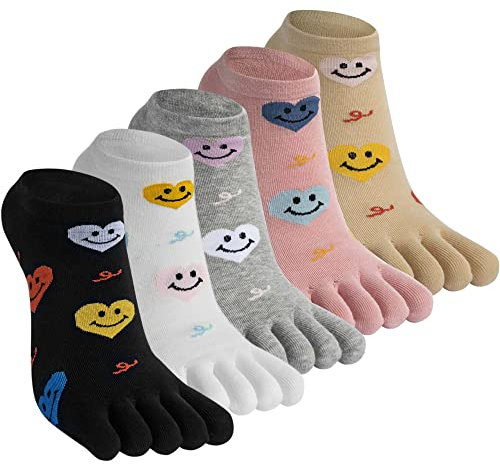 Kevaler Damen Zehensocken 5 Paare Baumwolle Fünf Finger Socken Niedliche Bunt Muster Sneakersocken Socken mit Zehen Einzeln, Größe: 35–40