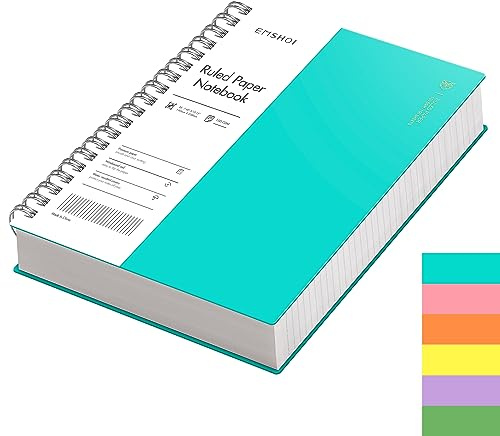 EMSHOI B5 Spiral Notebook, Lined Notepad, PVC Cover, 300 Pages, Light Blue | 100GSM Paper, Flexible Plastic Cover, Notepad with Sticky Notes, Pocket, Pen Loop, Bookmark Ruler for Writing, 19 x 25cm