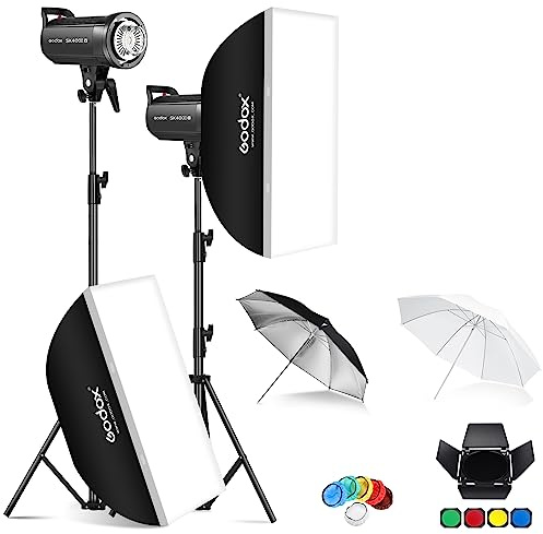 Godox SK400IIV 800W Professional Studio Strobe Flash 2Pack Kit 5700±200K with Standard Reflector,BD-04,Softbox,Umbrella,Light Stand,for Photography 2.4G Wireless X System Bowens Mount