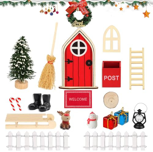 LUBOXIN Kit Puerta Elfo Navidad Decoración, 21Piezas Accesorios para Puerta del Elfo de Navidad, Puerta de Navideño en Miniatura con Botas, Linterna, Buzón, Escoba, Juego de Puerta Elfo Navidad
