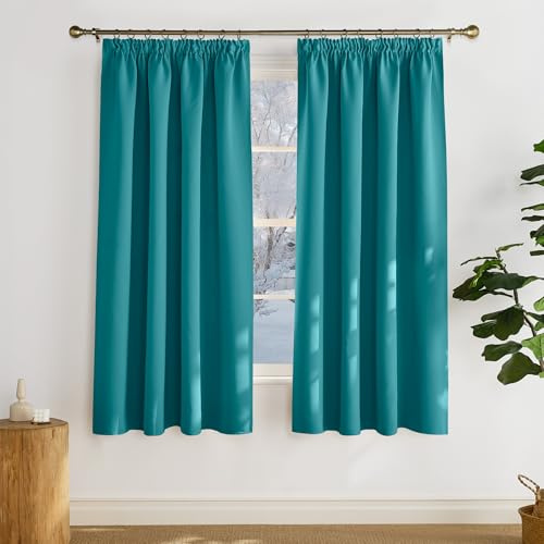 PONY DANCE Blackout Curtain Pleated Tape 2 Pack H 175 x W 140 cm for Bedroom, Short Opaque Thermal Cold Protection Blackout Curtains Turquoise