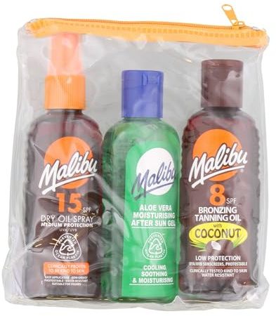 Malibu Sun Travel Tanning Essentials Set, 3 x 100ml | SPF 15 Dry Oil Spray, SPF 8 Bronzing Oil, After Sun Gel, Water Resistant, Summer Essentials