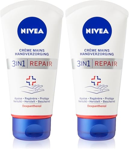 NIVEA Crema de manos Repair 3 en 1 para piel muy seca y áspera (1 x 75 ml), cuidado de manos hidratante, fórmula rica y no grasa, crema hidratante reparadora con dexpantenol (Paquete de 2)