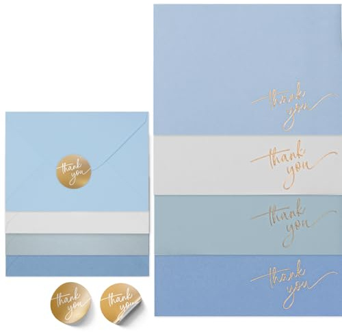 Gold Foil Thank You Cards - Bulk Pack of 40, 5x3.5 Inch with Matching Stickers & Envelopes (Blue) Textured Surface for a Unique Feel - Suitable for Baby Shower, Wedding, Small Business, Graduation