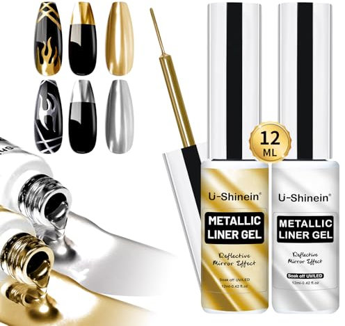 U-Shinein 2x12ml Metallic Painting Nail Gel Liner, Gold & Silver Metal Painted Drawing Gel, Strong Mirror Reflection Nail Art Paint, Nail Liner Gel, UV Nail Gel with Build in Thin Brush