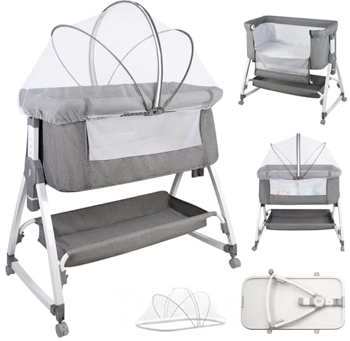 HUOLE 3-i-1 spjälsäng upp till 30 kg, sängsäng, gungbarnsäng, madrass höjdjustering och lutning, 4 hjul med broms, ergonomisk madrass, väska-80 x 40 x 100–115 cm