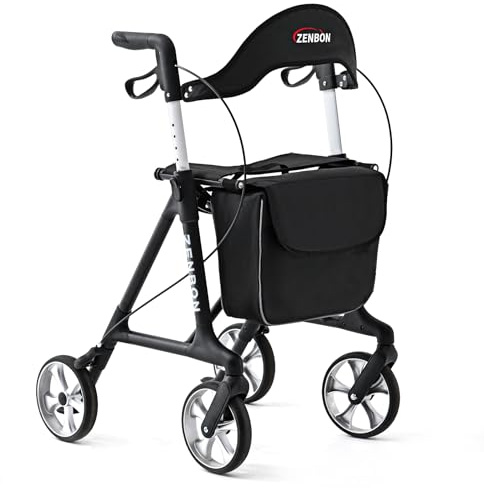 Deambulatore Leggero Pieghevole in Alluminio: Girello 4 Ruote Leggeri e Pieghevoli Speciali per Anziani - Rollator con Seduta Stretti per la Casa - Deambulatore con Funzione di Bloccaggio (Nero)