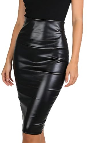 Qwrqwr Women Pencil Skirt High Waist Zip Bodycon Faux Leather (UK, Alpha, One Size, Regular, Regular, L, Black)