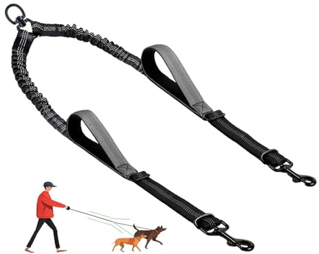 LEOSASA Double Dog Leash - No Tangle Splitter for Two Dogs, Coupler with Adjustable Long Lead Rope, Dual Control Handles, Retractable No Pull Bungee, Walk Train Small Medium Large 2 Pets (Grey)