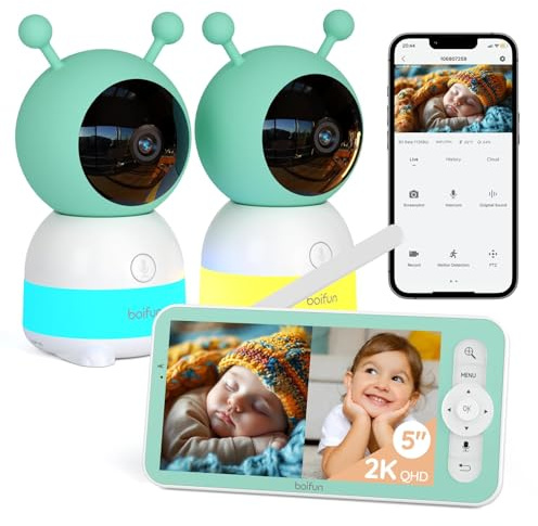 Boifun 2K Wifi Baby Monitor with 2 Cameras, Soothing Night Light, APP & 5 Split-screen Control, Motion/Cries/Noise/Customizable Alarm Zones Detect, Auto Tracking, PTZ, Humidity&Temperature Monitoring