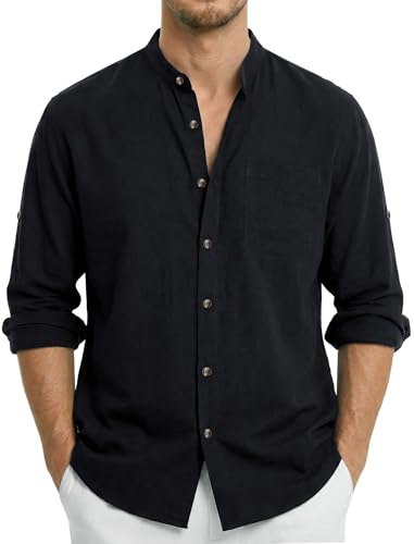 Enlision Camisa Lino Hombre Negro Manga Larga Casual Camisas para Hombres Cuello Mao Elegante Relajado Vacaciones Playa Henley Shirts 2XL