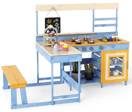 COSTWAY Cocina Juguete con Mesa de Picnic para Niños, Cocinita Infantil de Madera de Abeto con Banco Integrado, Pizarra,Accesorios para Postres y Utensilios de Cocina, Cocina Infantil Madera (Azul)
