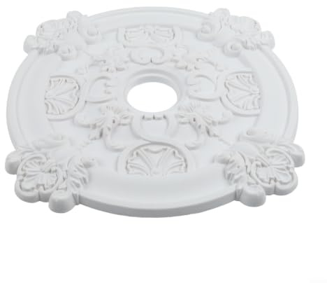 Roseta de techo redonda de poliuretano 39 cm blanco para cubrir conexiones de lámparas y ventiladores, aspecto decorativo de estuco para sala de estar y dormitorio, fácil montaje sin taladrar