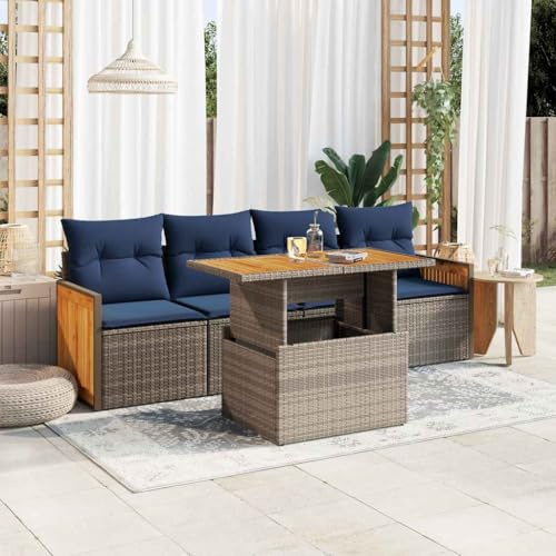 mzdioop 5-Piece Garden Sofa Set, Grey Poly Rattan with Acacia, Weatherproof Outdoor Furniture Set for Patio, Balcony, Includes Cushion, Storage Space and Sturdy Table for Relaxed Seating Group