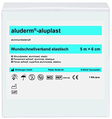 Söhngen Wundpflaster aluderm-aluplast elastisch (Größe 5m x 6 cm, Wundauflage aluminiumbedampft, verklebt nicht/fasert nicht/stark saugend, Pflaster hautbildungs- + heilungsfördernd, atmungsaktiv)