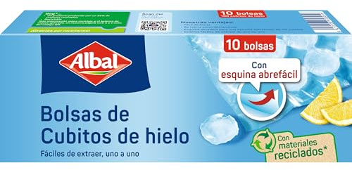 Albal Bolsas para cubitos de hielo, cierre automático, 10 bolsas para 190 cubitos. Fabricados con 70% de Materiales Reciclados. Libres de BPA