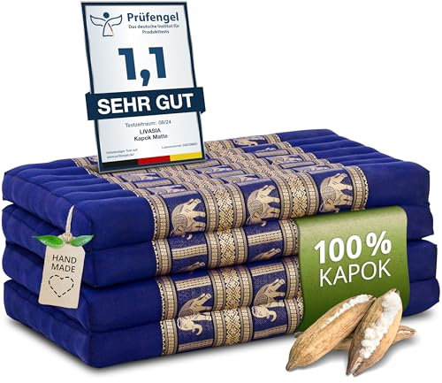 livasia Nachhaltige Klappmatratze aus Kapok - 200x80x8cm - Gästematratze mit Thaiseide, Matratze faltbar für Van, ökologische Yogamatte, Gästebett klappbar, Liege Garten Balkon (Blau/Elefanten Seide)