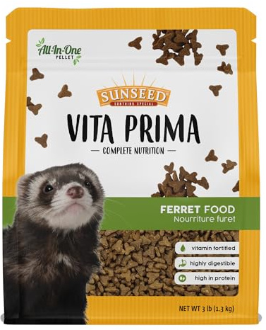Sunseed Vita Prima Ferret Food - 3 Lb. Resealable Bag – High-Energy Protein from Chicken Pork & Eggs – Added Vitamins and Minerals – No Artificial Colors or Flavors