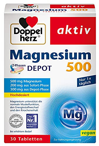 Doppelherz Magnesium 500 2-Phasen – Magnesium als Beitrag für die normale Muskelfunktion und den Energiestoffwechsel – 30 Tabletten