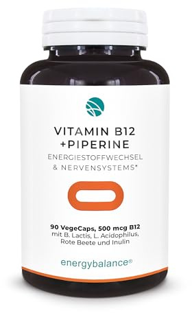 EnergyBalance Vitamin B12 - Kapseln mit Rote Beete und Piperine - Biologisch Aktiv, 100% reine Zutaten - Vegan, Glutenfrei, ohne Zusätze - 500mcg - 90 VegeCaps