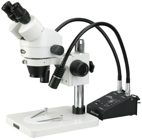 AmScope SM-1BS-L6W Professional Binocular Stereo Zoom Microscope, WH10x Eyepieces, 7X-45X Magnification, 0.7X-4.5X Zoom Objective, 6W LED Gooseneck LED Light, Pillar Stand, 110V-240V