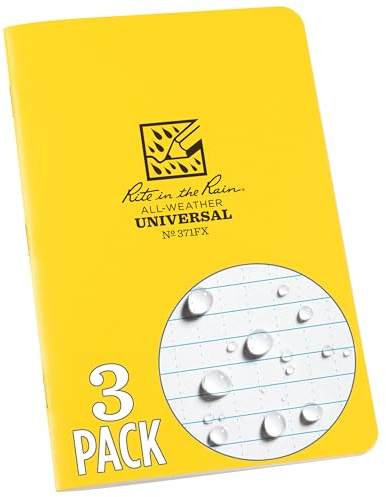 Rite In The Rain Waterproof Paper Notepad Staple Bound Pack of 3 Flex Cover Black 48 pages 24 sheets Saddle Stitch Binding Imperial and Metric Rulers, Yellow, 4⅝ X 7- Inch