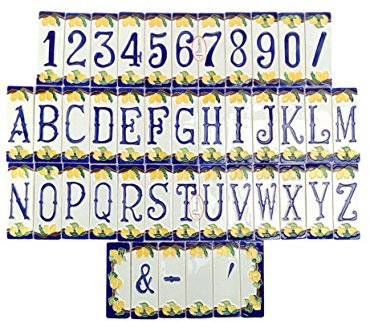 Numeri civici in ceramica con soggetto limoni,oggetto da esterno colorati a mano nlp Misure:Numero H 12cm,L 4cm,spessore 0,7cm.