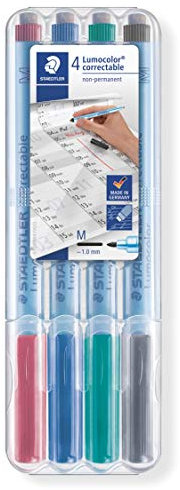 Staedtler Lumocolor Correctable, Feutres non-permanents à pointe moyenne effaçables à sec, Étui chevalet avec 4 feutres assortis, 305M WP4-1