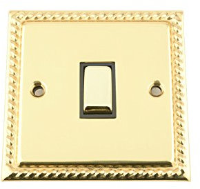 Light Switch Single 1 Gang - Polished Mirror Brass Georgian - Black Insert - Metal Rocker Switch - 10 Amp 1 Gang 2 Way