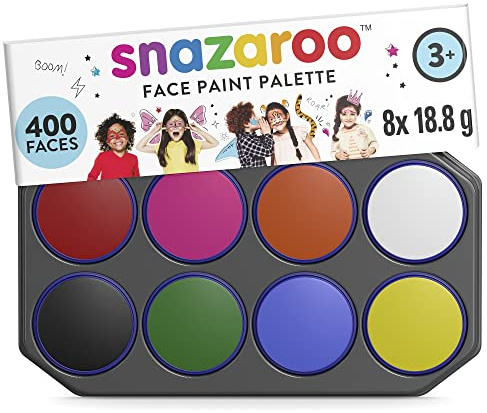 Snazaroo, paleta de pintura acrilica facial aguacolor, 8 colores, surtidos, base agua, fácil de aplicar y retirar, hipoalergénico)