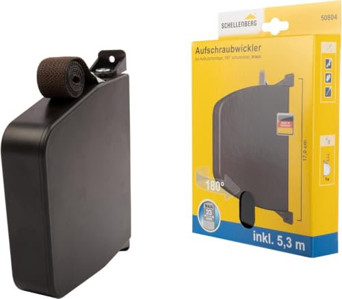 Schellenberg 50804 Rolladen Gurtwickler Aufputz inkl. Rolladengurt 23 mm x 5,3m, System Maxi, 180° schwenkbar, Lochabstand 17 cm Aufschraubwickler nicht zu öffnen, Braun