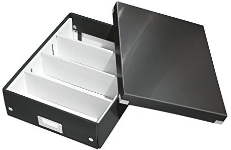 Leitz Click & Store Aufbewahrungsbox mit Deckel Mittel-Groß, Box mit Trennwänden für Zubehör im Büro oder Utensilien im Haushalt, Transportbox aus 85 % recycelter Premium-Hartpappe, Schwarz, 60580095