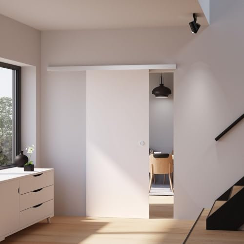 inova Schiebetür Holz Komplettset weiß 755 x 2035 mm Schienensystem mit Alu Laufschiene inkl. Beschlagset und Griffmuschel inkl. Softclose einseitig
