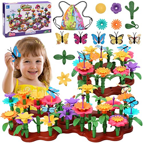 Cyiecw 224 PCS Blumengarten Spielzeug ab 3 Jahre Mädchen, Kinder Blumen Bausteine, DIY Bouquet Sets mit Aufbewahrungstasche, Garten Spielzeug für Kinder Kunst Blumenarrangement Geschenk