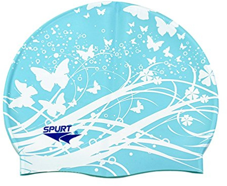 Moolecole Soft Waterproof Silicone Swim Cap Girls Summer Pool Sea Swimming Cap Bathing Haircare Hat for Long Hair Blue Butterfly