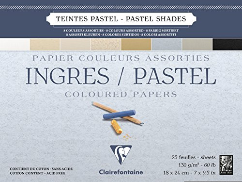 Clairefontaine 96486C Bloc Collé Ingres Pastel - 25 Feuilles Papier Ingres Vergé Teintes Pastel Assorties - 18x24 cm 130g - Idéal pour le Dessin au Crayon, à la Sanguine ou au Fusain