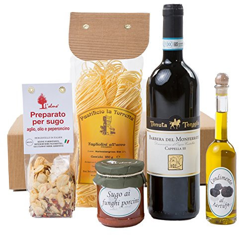 The Wine Guys Präsentkorb „Genussreise Piemont“ mit italienischen Spezialitäten: Piemonteser Feinkost und Barbera | Geschenkset mit Antipasti , Pasta Gewürz