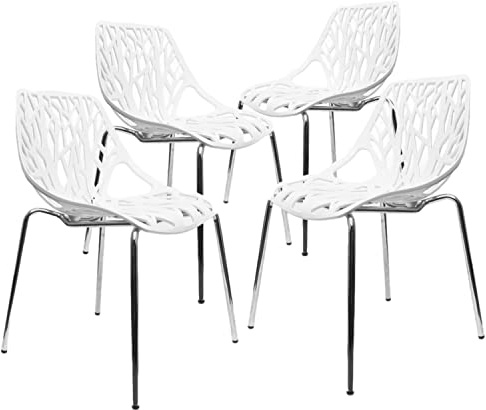 UrbanMod Modern Dining Chairs - Set of 4, Mid Century Modern, Stackable Plastic, White, Outdoor, Dining Room