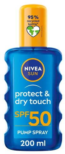 NIVEA SUN Protect & Dry Touch Invisible Sun Spray SPF 50 (200 ml), Water-Resistant Sun Oil, Immediate Protection against UVA & UVB Rays, Transparent/No White Marks