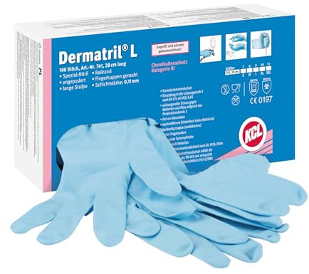 Format Honeywell KCL Dermatril® 741 Gants de Protection Chimique en Nitrile, Jetables, Imperméables, Sans Poudre, Bleu, Taille 8M, 074108081C (Boîte de 100 Pièces)