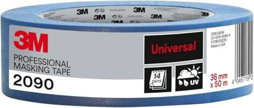 3M Ruban de Masquage Professionnel 2090 Multi-surfaces - 1 Rouleau, 36 mm x 50 m, Bleu - Universel, Résistant aux UV, Usage Intérieur et Extérieur