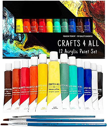 Crafts 4 ALL Acrylfarbe Set 12x12ml mit 3 Pinsel - Acrylic Paint für Papier, Leinwand, Handwerk, Holz, Keramik & Stoff. Nicht-toxisch Farben mit Lebendiger - Ideal für Anfänger, Studenten & Künstler