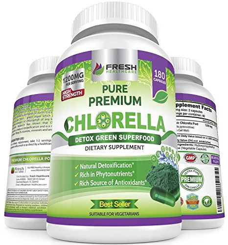 FRESH HEALTHCARE Premium Chlorella Supplement, 1200mg Pure Vegan Powder Capsules, 180 Chlorophyll and CFG Pills, Natural Detox Superfood, Naturally Contains B Vitamins and Minerals