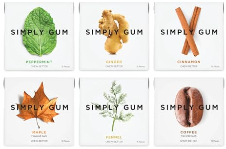 SIMPLY Gum Variety Pack (Assorted Flavors), Plastic-Free Natural Chewing Gum, 6 pack (90 pieces) | Vegan, Kosher, Non GMO, Aspartame Free and Sorbitol Free